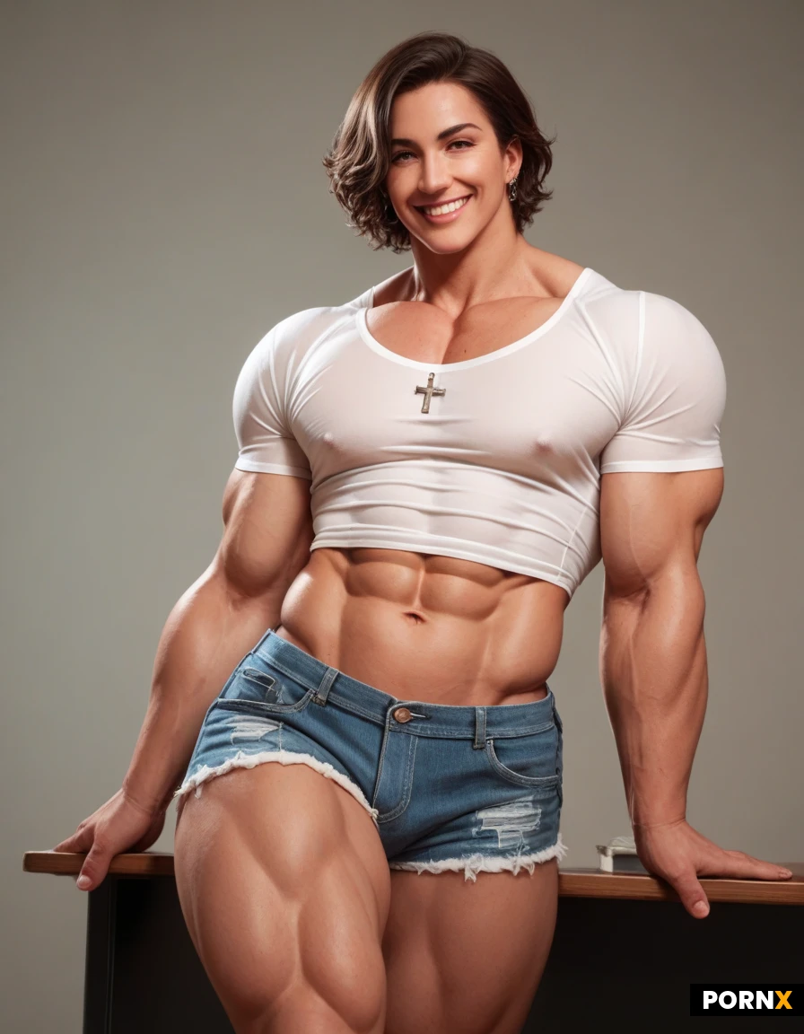 Transgender. Buff. Anime cross-dressing.. muscle. Queer Femboy. Thick. Steroid. Longsleeve. Bulging muscle. Smile. Glamour. Shorts. Big pecs. (Muscular :1.3). Leaning on desk. Lats. Broad