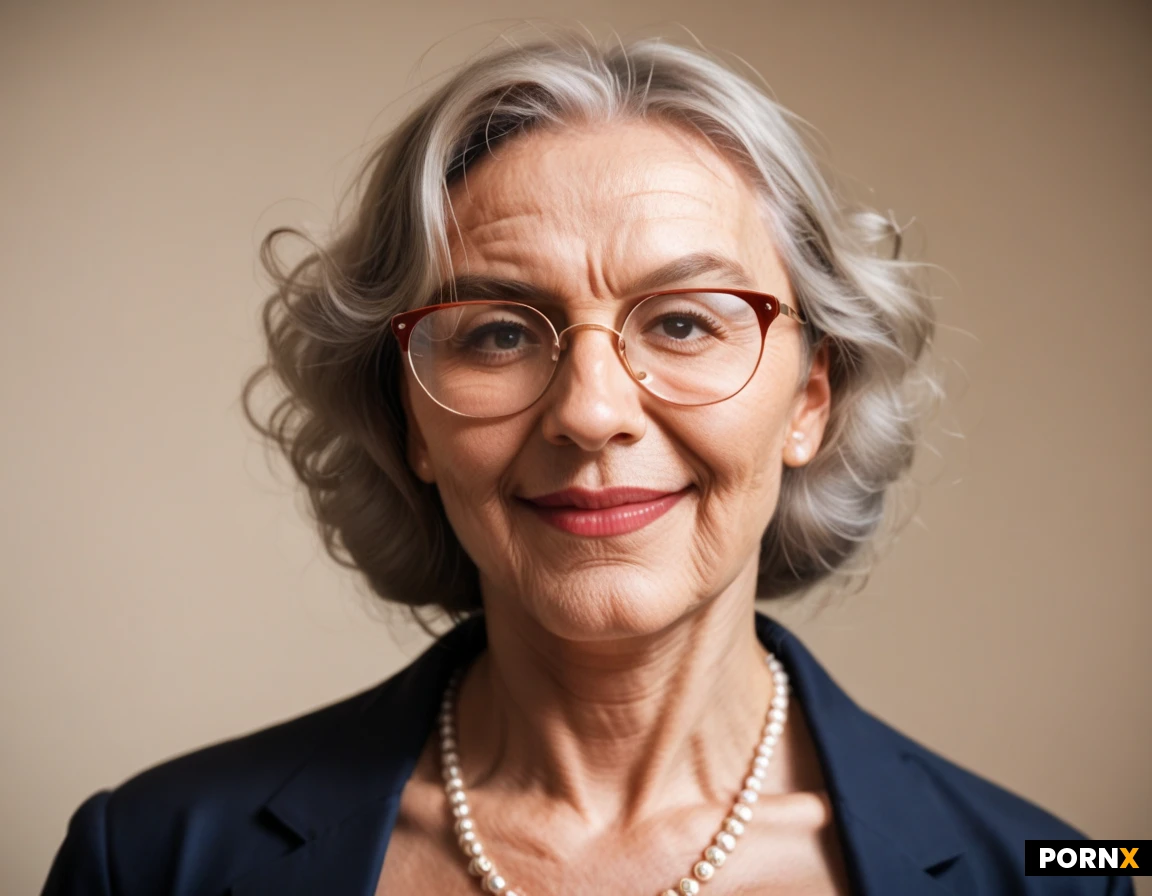 (((((gilf))))), german,mature woman, late 50s, curvy, full figured, voluptuous build, broad hips, thick waist, soft belly, full bust, rounded shoulders, warm light medium skin, softly rounded face, full cheeks, rounded chin, soft jawline, natural facial fullness, voluminous dark brown curly hair, chestnut highlights, subtle gray strands, thick messy curls, loose curls over forehead, expressive gray brown eyes, naturally arched eyebrows, pronounced smile lines, visible crow's feet, subtle forehead wrinkles, delicate rimless glasses, thin red eyeglass temples, straight nose, full natural lips, broad warm smile, visible white teeth, cheerful expression, confident presence, welcoming demeanor, navy blue tailored blazer, slightly fitted waist, white blouse, open collar, unbuttoned top button, cleavage, modest decolletage, delicate silver necklace, small pendant, relaxed upright posture, frontal pose, direct eye contact, relaxed shoulders, head and shoulders portrait, light beige studio background, soft diffused lighting, warm natural colors, realistic skin texture, visible pores, natural wrinkles, authentic aging signs, individual hair strands, sharp expressive eyes, 85mm portrait lens, shallow depth of field, professional business photography, editorial portrait, photorealism, realism