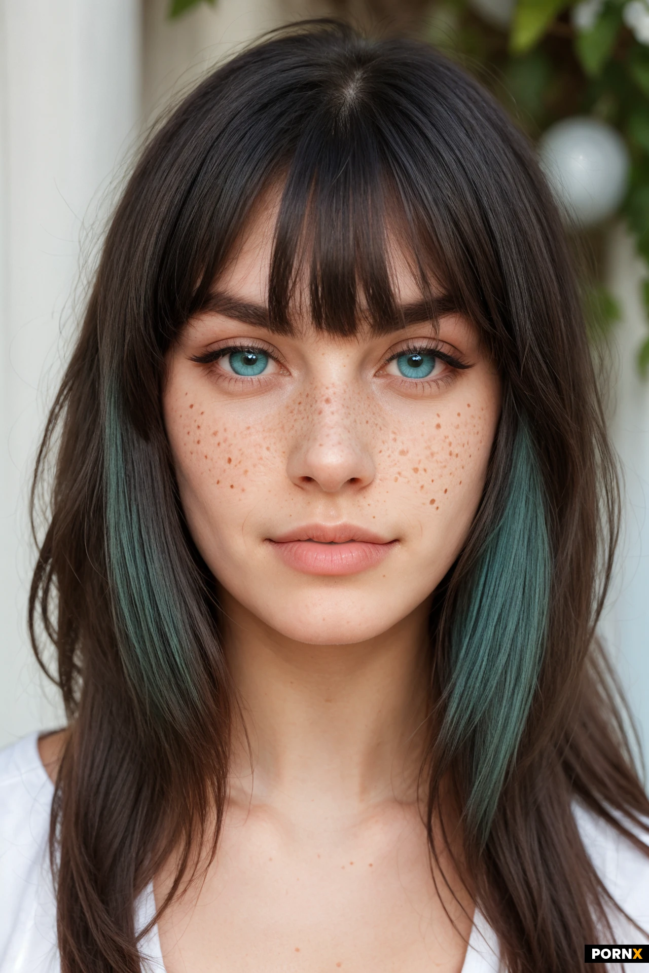 one woman, 18 year old, latvian, light blue green eyes, large eyes, long eyelashes, button nose, freckles over nose and cheekbones, prominent cheekbones, angular face, skinny fit, large natural breats, very smooth skin, pale skin, jet black hair, thick eyebrows, bangs, medium length hair