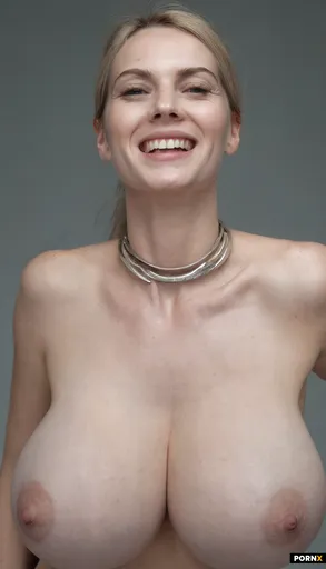 A photorealistic portrait of a slim and very busty 45-year-old woman with a sleek blonde-grey ponyta
