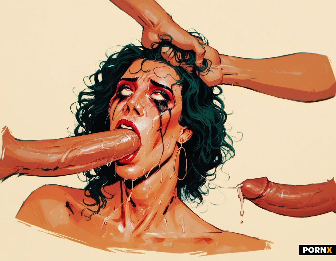 Heavy makeup, sweaty perspiring, sweat dripping from face, Whore, elaborate hair, jewelry, spitroasted, gangbang fucked, orgasm expression, open mouth, eye roll, limbs outstretched, skinny, perky medium tits, bukakke, ultrarealistic, hyperfocus resolution, double vaginal penetration, blowjob, deepthroat, throat bulge, eye bulge, red face, handjob, grabbing tits, grabbing hair,