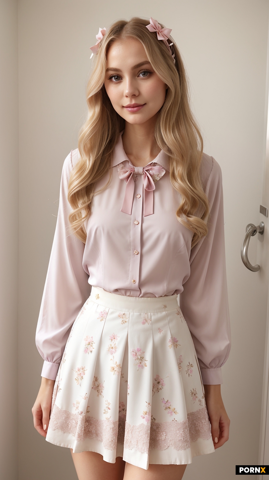 Grace has wavy blonde hair that falls just