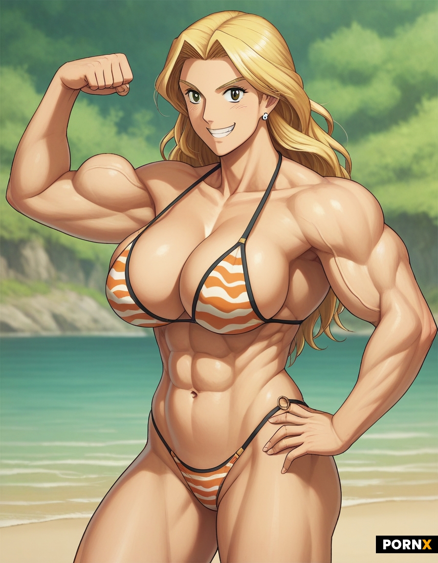 Broad muscle Voluptuous bodybuilder goddess smile naked female camal toe