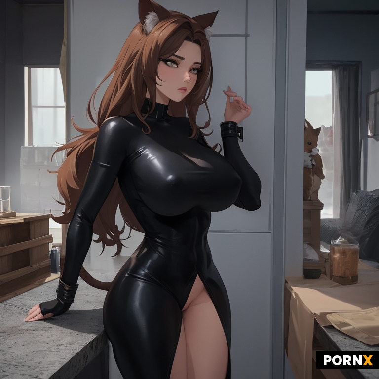 This image is a cartoon depicting a woman wearing a cat suit