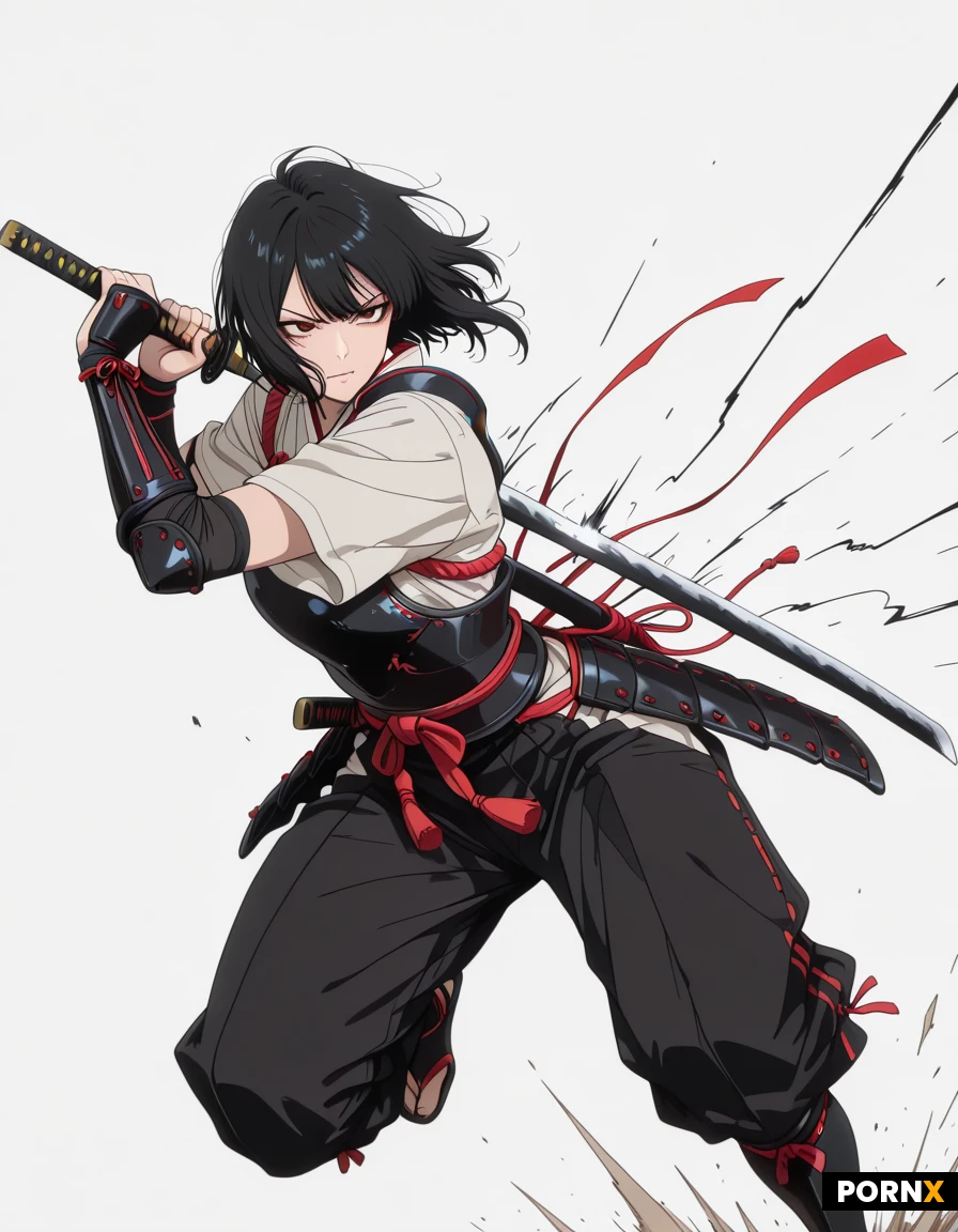 A high-contrast, professional manga coloring page featuring a fierce female samurai warrior in a dynamic, mid-action pose. Drawn in the iconic clean line-art style of, she is clad in a stylized fusion of traditional plated samurai armor and lightweight shinobi gear, with tattered fabric streamers whipping around her. She holds a curved katana in a low, sweeping guard, her expression a mix of focused intensity and calm resolve. The composition is framed by sharp perspective lines and swirling energy arcs that suggest a high-speed movement, all rendered in crisp, bold black ink against a stark white background with no shading, leaving ample open space for coloring.