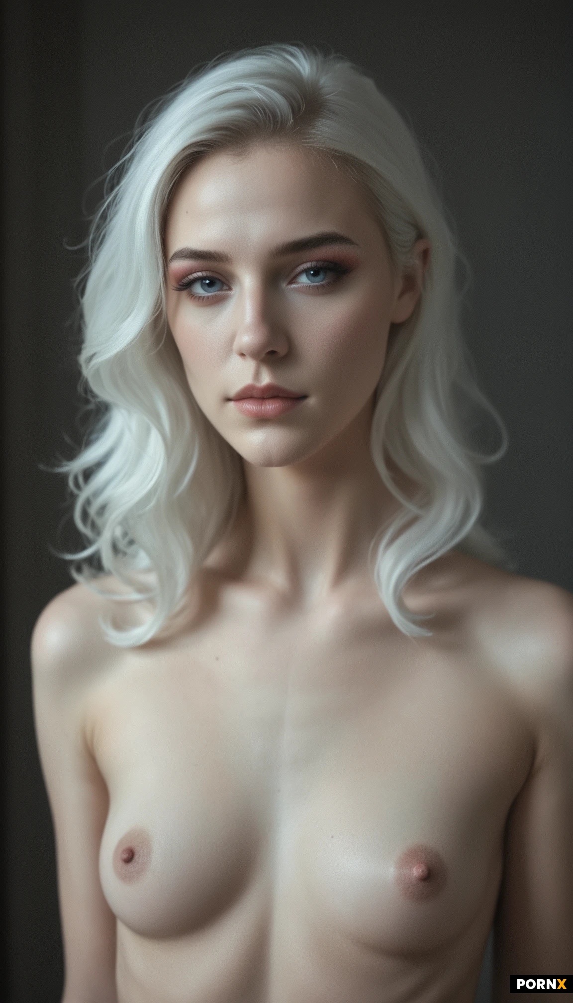 beautiful woman, white hair, blue eyes, gorgeous face, makeup, skinny, naked, portrait, photorealistic, <lora:64:0.9>, medium breast, small nipple, small areola,