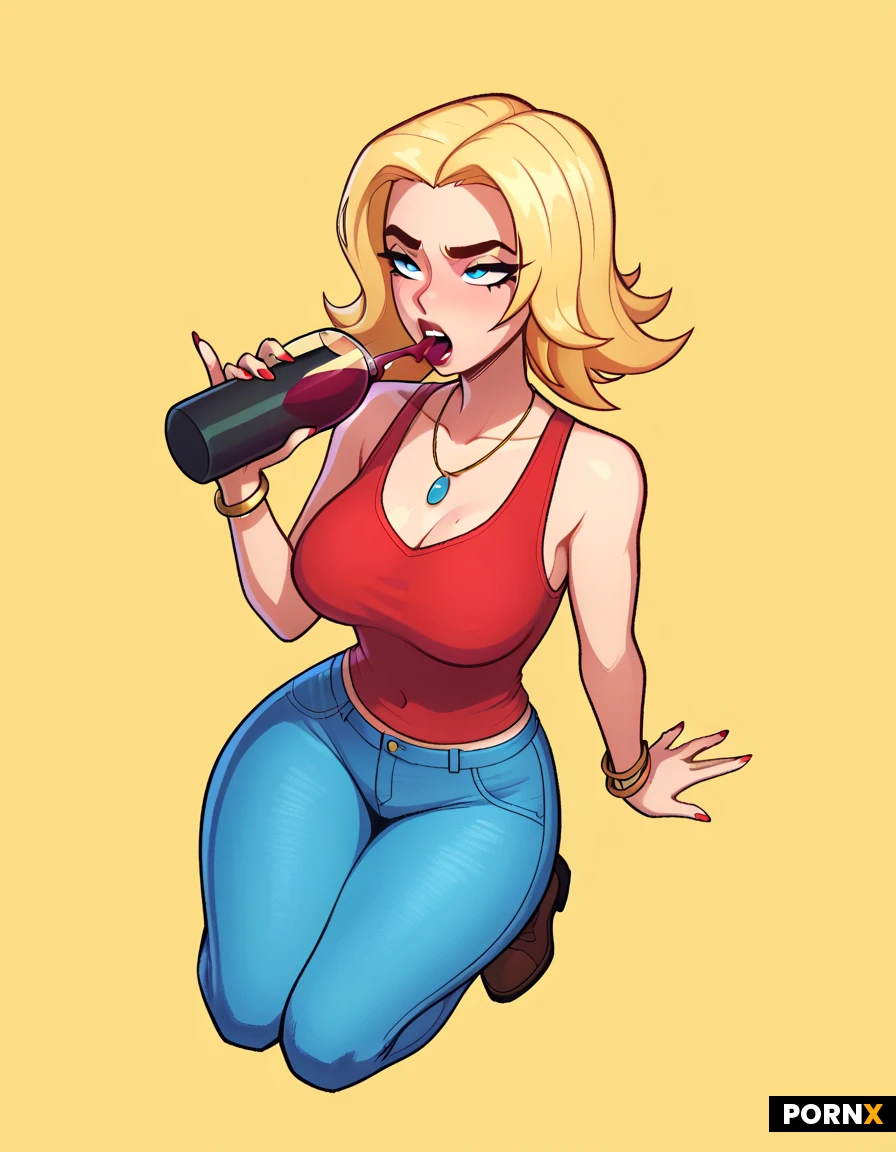 A slim, middle-aged woman with fair skin and long, wavy golden-blonde hair reaching past her shoulders. Her hair is slightly tousled and swept back, with loose strands framing her face. She has large blue eyes, thin curved eyebrows, a small pointed nose, and a wide expressive mouth. She has a slender, slightly curvy figure.
She is wearing a red sleeveless V-neck shirt, fitted blue jeans, and simple brown shoes. No prominent jewelry or accessories.
Render her in a clean 2D Western adult-animation style: bold black outlines, flat solid colors, simplified facial features, minimal shading, exaggerated cartoon proportions, and expressive eyes and mouth. Keep the design visually consistent with a crude, comedic sci-fi cartoon aesthetic. She has a wine glass in her hands.shes been drinking