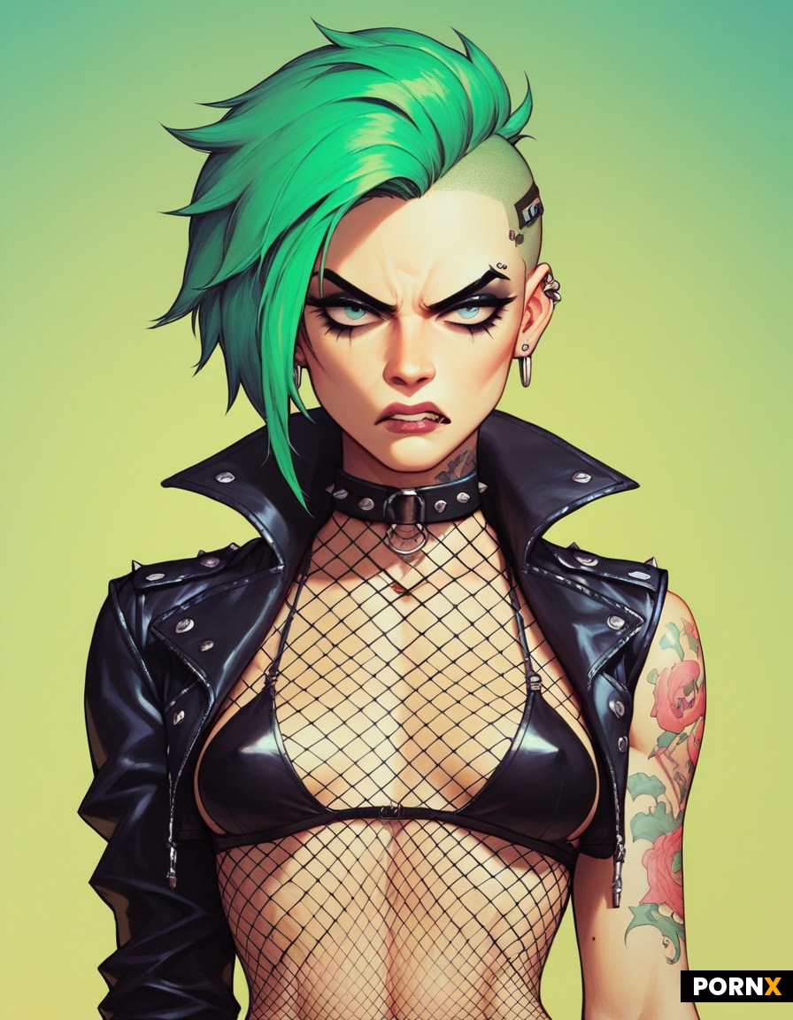 Green-haired 18-year-old punk with an undercut and small breasts shows her sweet