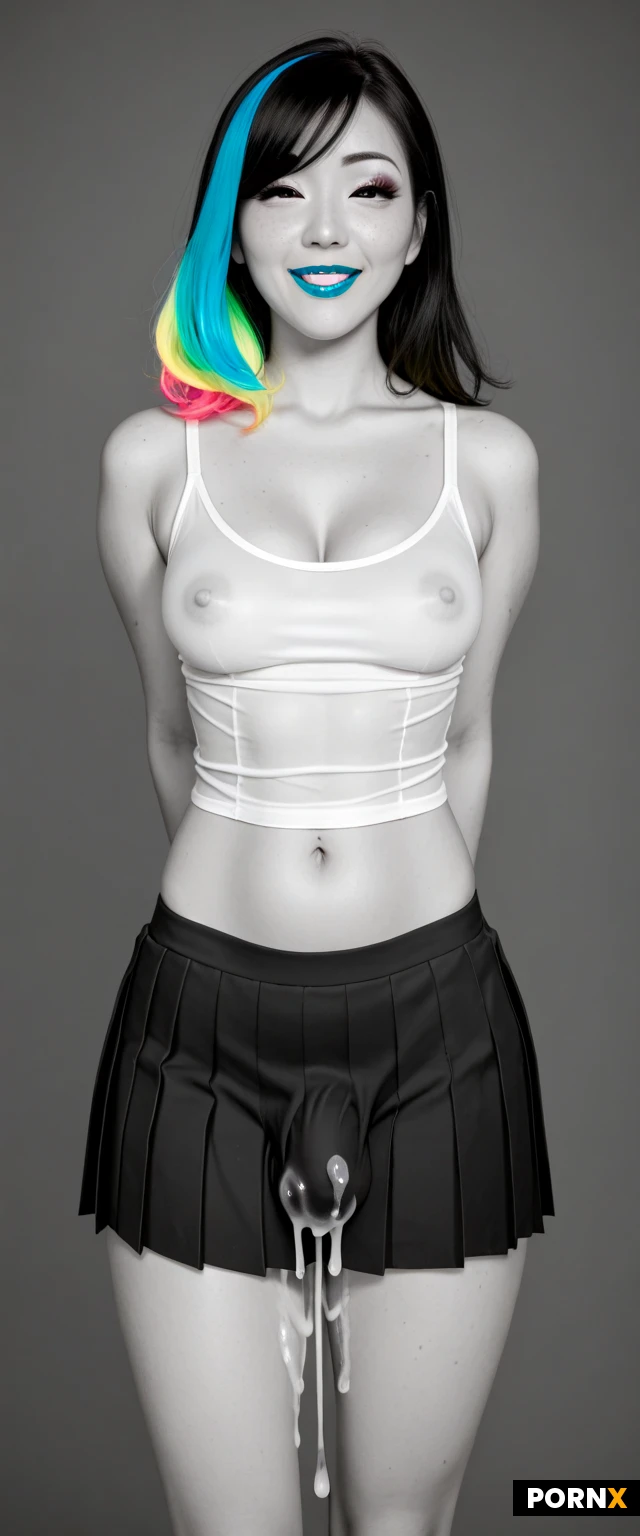 Futanari, Japanese, Cute face, (blue lipstick: 1.2), (Makeup: 1.3), happy face, orgasm face, soft face, freckles, Asian face, (big eyes: 1.2), front view, (transparent pleated miniskirt bulge: 1.3), (noir black and white style with colorful pastel highlights: 1.5), standing, (dripping cum: 1.5), (thigh gap: 1.3), small breasts, erect nipples, cleavage, (small rounded belly: 1.3), transparent satin tank top