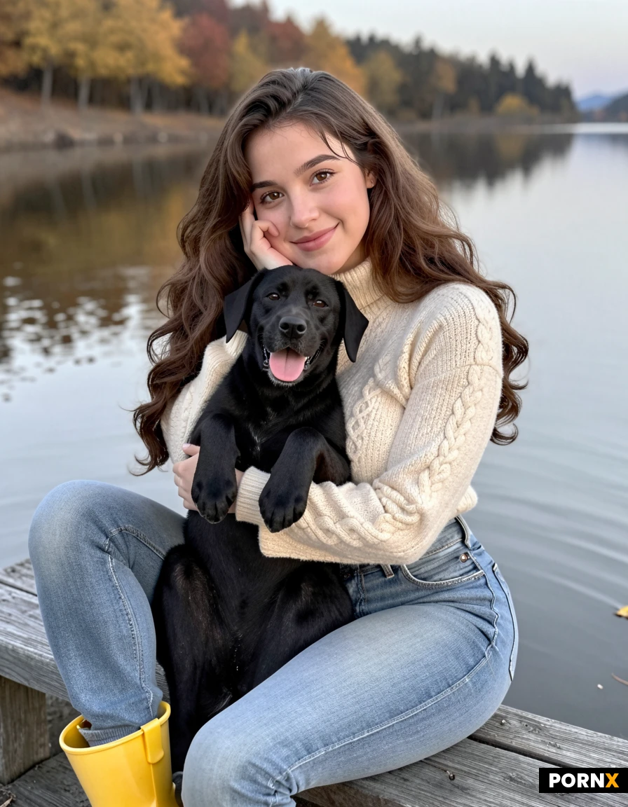 Use the uploaded photo as face reference and keep the exact same face., 29, long dark-brown slightly wavy hair, freckles, fine-line fishing-hook tattoo on her inner left forearm, athletic curvy build. Sitting on a wooden jetty at a lake at sunset, autumn colours, cosy cream knit sweater, jeans, rubber boots, hugging a happy black labrador who licks her cheek, she laughs with closed eyes. Photorealistic candid smartphone photo, natural light, realistic skin texture, 4:5 vertical.