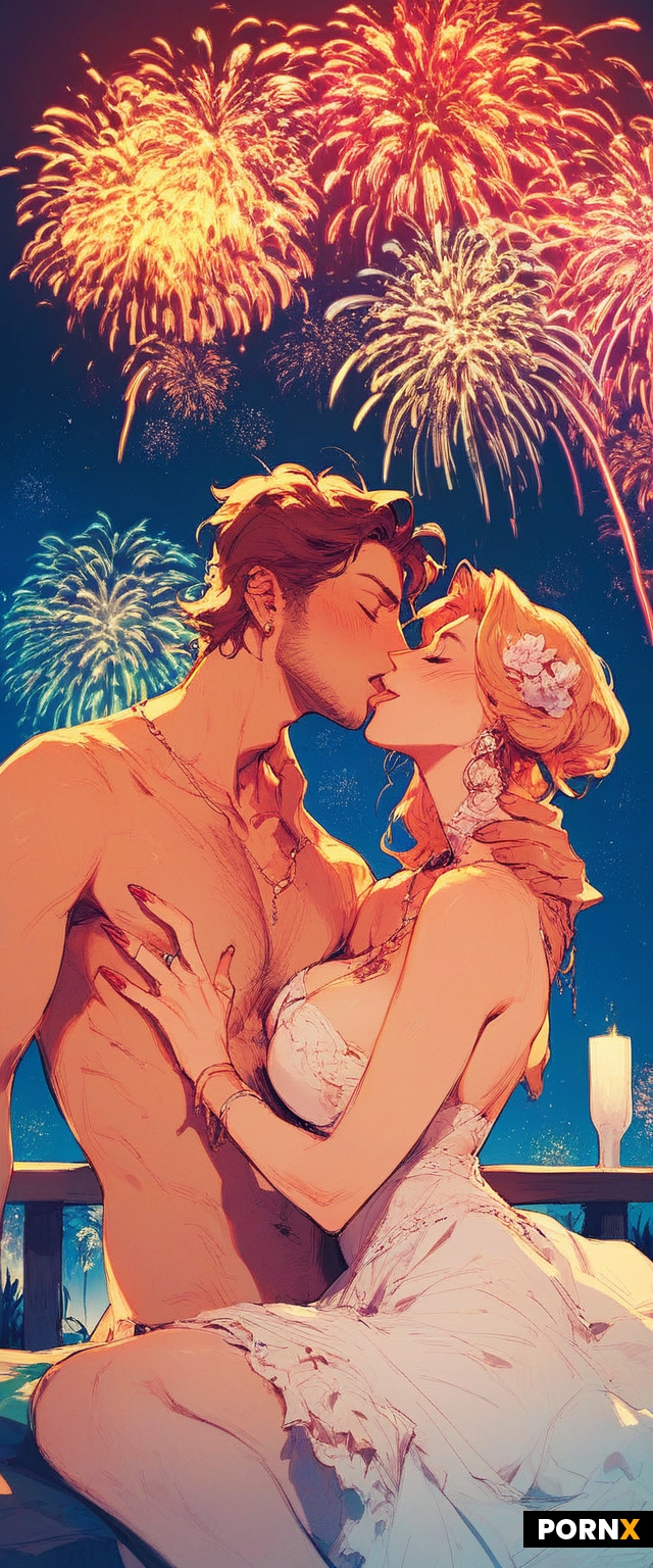 Couple kissing underneath fireworks
