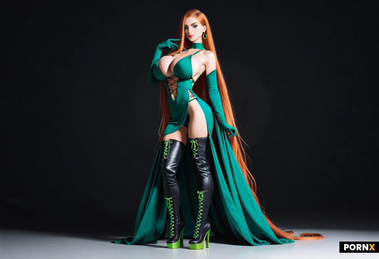 sweet woman (oversized breasts:1.5), (slim body compared to breast size:1.4),(gravity defying tits:1.4),(thin:1.2) feminine woman with very (long ginger hair:1.3) with quiff,(large cartoon green eyes), (black thigh high boots with green laces:1.4),(Hair covering half of face),full body,, blue eyeshadow,(sexy green dress with blue long gloves:1.3),underboob,dark background, lit by spotlight,(hyper realism),(sidney),(very dark green:1.6)