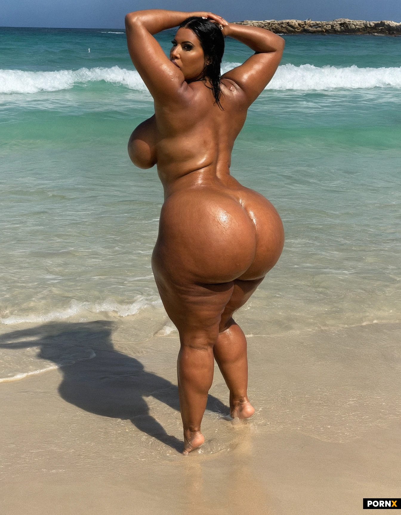 Bbw,chubby woman, fat woman, chunky woman, dark black woman, 25 years old, long black hair, gray eyes, full lips, round face big, soft belly, saggy tits, big ass, bubble butt, nude, oily skin, kneelin on the beach, hands above her head, full body view