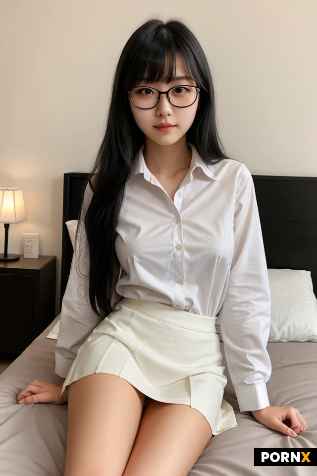 Japanese 18 year old female, modern bedroom, long black hair, bangs, solo, slim, medium sized breasts, black glasses, youthful face, white collared shirt, black skirt