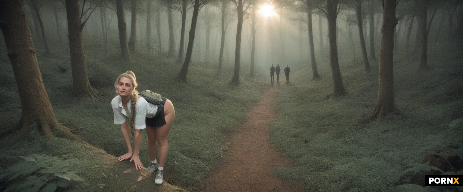 beautiful woman, purple-pink hair in a high ponytail, slender body, small perky breasts, fair skin, standing doggystyle, bent over, from behind, sex, unbuttoned white shirt, loosened tie, no pants, black panties, after work, deep forest, tall trees, sun rays through leaves, moss, (ultra extra bottom heavy: 1.3), photorealistic, high detail, thicc, pear shaped body, shy, embarassed, beautiful soft features, sexy black eyeliner, milf thick blonde eyebrows, beautiful blue eyes, large round eyes, looking at viewer, thick sexy lips, full lips, shapely lips, blushing, surprised, ultra freckles on face, ultra massive bubble butt, extremely massive ass, ultra hourglass waist, massive rounded hips, wide hips, ultra thick thighs, thighs thicker than waist, blonde hair, bangs hairstyle, braided ponytail, medium hair length, (bottomless: 1.3), , loose cropped shirt, patterned pleated skirt, white garterbelt, black fishnets, (she stands bent over: 1.3), in forest, many people around, wide angle, side view, (top down view: 1.3), crowd, backpack, high angle view, view from above, light pink anus, pink pussy