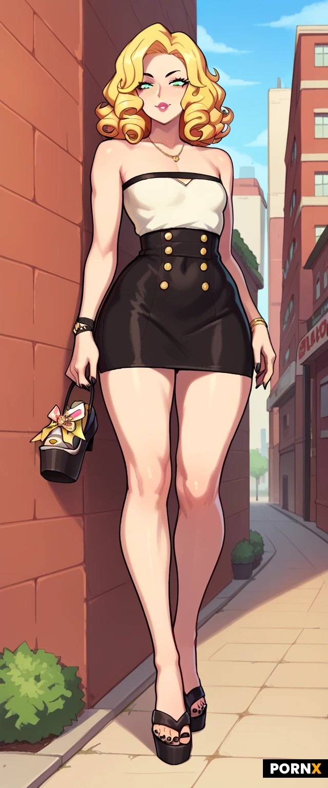 Female, sexy curvy body, flat chest, sexy feet, sexy feet toes, tip toes, enchance, white skin, blond hair, medium hair, curly hair long nails, black nails, wedge sandals, outside, urban, babe, cute face, anime babe, super cute, mini skirt