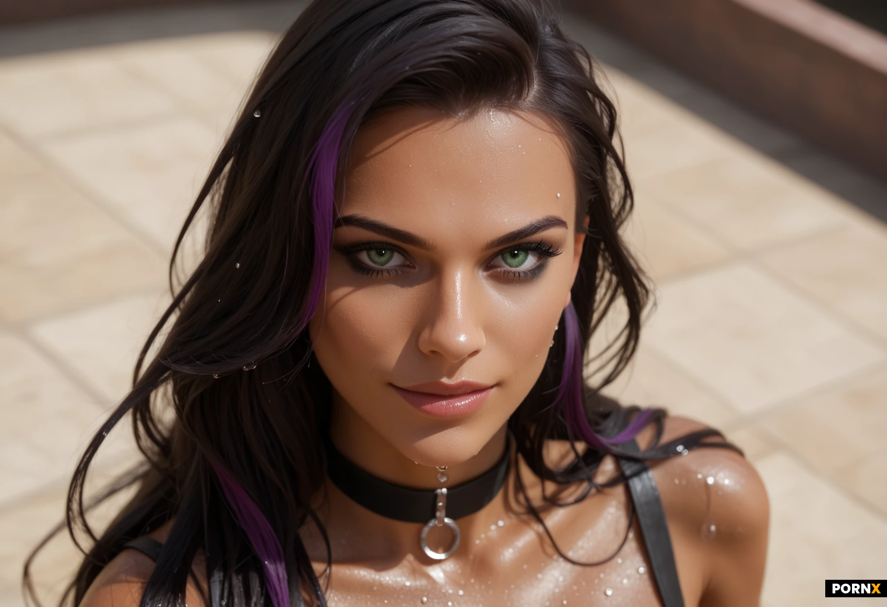 masterpiece, best quality, highres, absurdres, 1 very seductive supermodel woman, slender pointed nose, wide jaw, solo, looking_at_viewer_very_intimately, from_above, close-up, long hair, black hair, purple highlights, sidecut, brilliant luminous green eyes, (heavy black eyemakeup), dark tan skin, sly half smirk, seductive and horny, choker, nude cleavage, medium breasts, wet, water droplets, touching her nipples