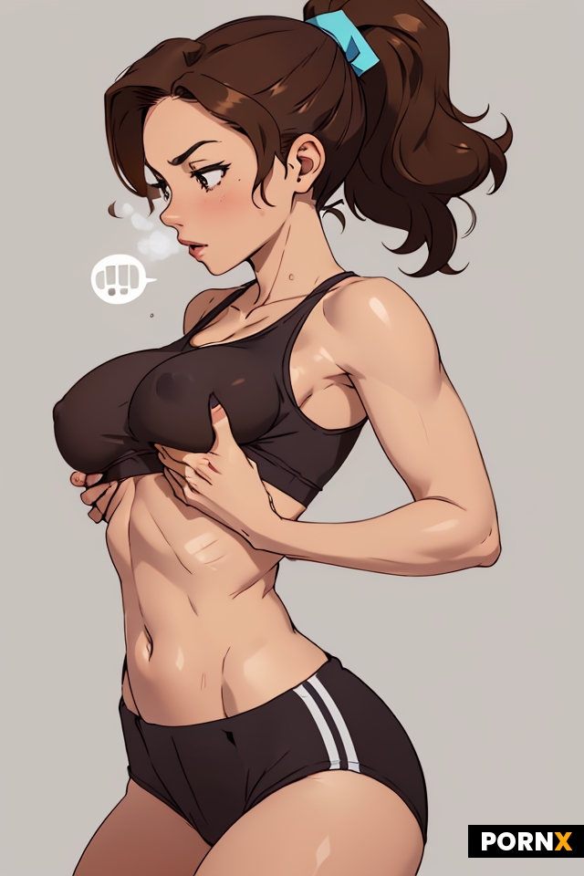 Busty brunette woman with curly medium length ponytail and small breasts wearing sports bra and span
