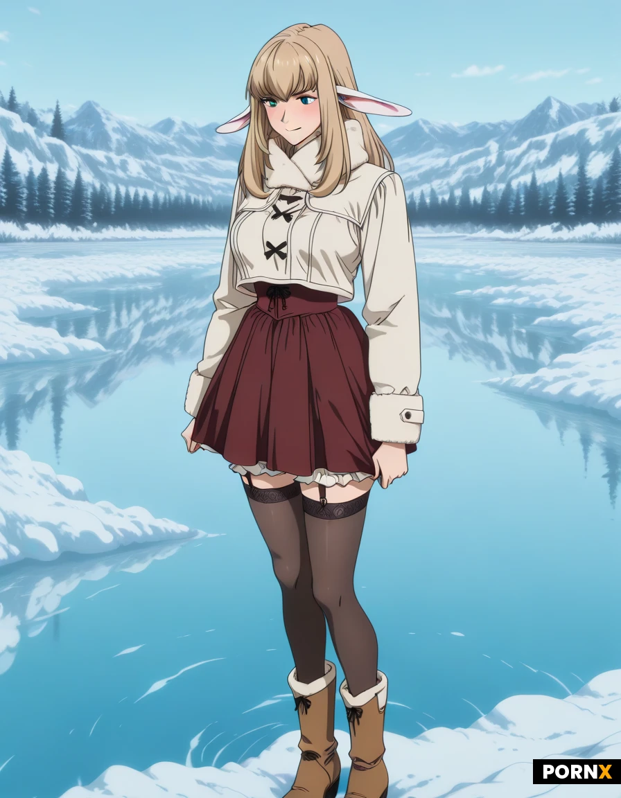 Elven woman. Cute face. Long ears. Heavy winter clothes. Victorian style clothes. Outside in woods. Edge of frozen lake. Skirt pulled up. Bloomers exposed. Long stockings. Winter boots.