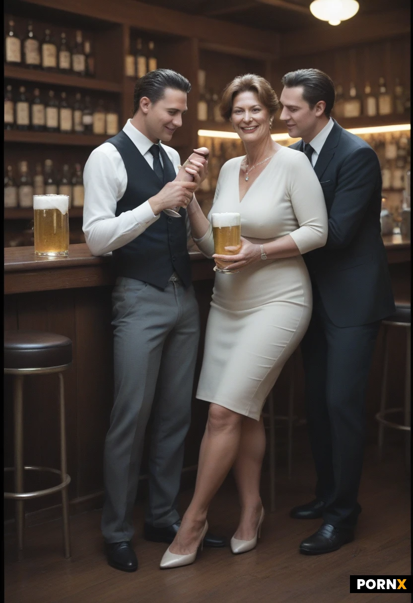 (There are 5 black men and 1 Beautiful white trans milf 1:1), (group of clothed africain men with penis out: 1:1), (inside a bar), man has hands to his sides,s),clothed milf gives a handjob,(she has beautiful long fit defined legs, smooth golden tan legs, legs slight shine from lotion, legs sensually crossed, pale skin,she has brunette hair, in long slicked back ponytail with front bangs,, she has closed mouth smiling expression),full body,(she is sitting forward on a chair, 1 of the black man is standing next to her left side getting a handjob, she is giving him a handjob with her left hand and holding a glass of beer with her right hand),(the other 4 black men are standing, they are in a line behind the 1st black man, they are waiting their turn, all 5 black men are clothed, black men are smiling in satisfaction),full clothed,