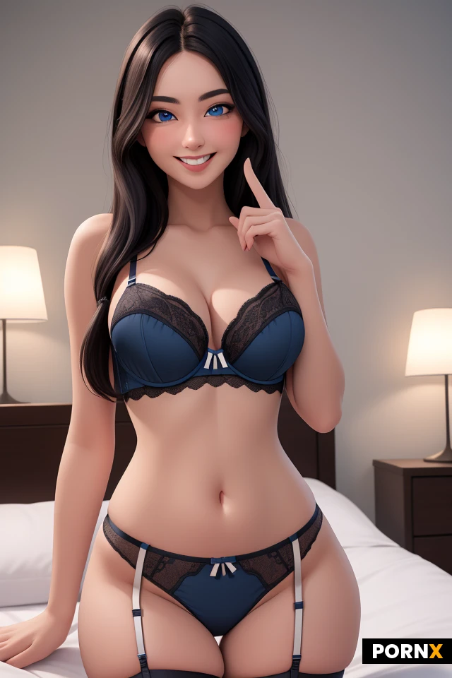 masterpiece, best quality, highres, absurdres, 1girl, solo, long_hair, black_hair, blue_eyes, large_breasts, lingerie, black_lingerie, looking_at_viewer, smiling, bedroom, bed, satin_sheets, soft_light, night, finger_in_mouth