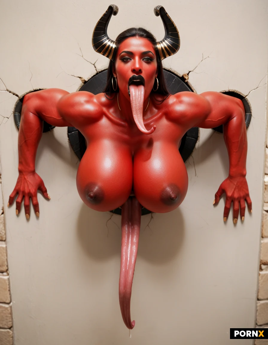 Ancient Egyptian Goddess, black slime, horns, red eyes, black lipstick, red skin, muscle goddess, seductive pose, realistic, highly detailed body, cute face, thin waist, massive 12-pack abs, muscular thighs, muscle mass, massive round bimbo fake booty, wide hips, puffy hips, curvy body, NUDE, protruding long tongue, tongue length 30 cm, (stuck in wall:1.5)