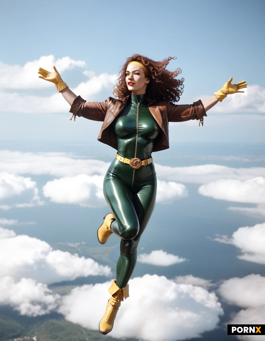 Redhead Irish woman. Fair skin. Red lipstick. Yellow gloves. Green and yellow latex body suit. Brown leather jacket with rolled up sleeves. Long yellow boots to her knees. Long curly hair. Flying in the air. Comic book hero. Super hero. Yellow headband around her forehead. Fluffy hair. Beauty. Stunning confidence. Sci fi. Super hero pose. Flying in the air. Yellow belt. "X" belt buckle. 8k resolution. Glamor photo.