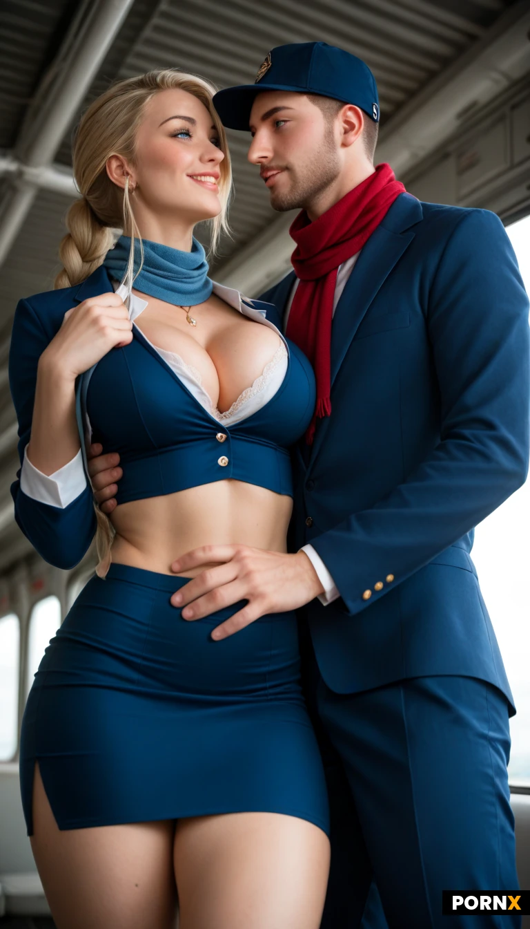 beautiful woman, long light blue hair with bangs, pale skin, slim body, medium perky breasts, sexy stewardess uniform, tight blazer, pencil skirt, neck scarf, cap, masterpiece, best quality,, perfect thighs, highly detailed, horny slutty 18-year-old female air hostess in a plane cabin, long blonde hair in ponytail braid cascading down back with soft tendrils framing face, bright blue eyes looking up softly with seductive smile, excited blush on cheeks, freckles, large breasts, standing provocatively, one hand cupping a breast, vivid saturated colors, sharp cel-shading, expressive eyes, dramatic yet soft shading, moody atmosphere, natural composition, eye-level to slightly low angle, ultra detailed, 8k, cleavage, american, realistic facial features, realistic proportions, detailed facial features. Men around her, men next to her, men in close proximity, touching