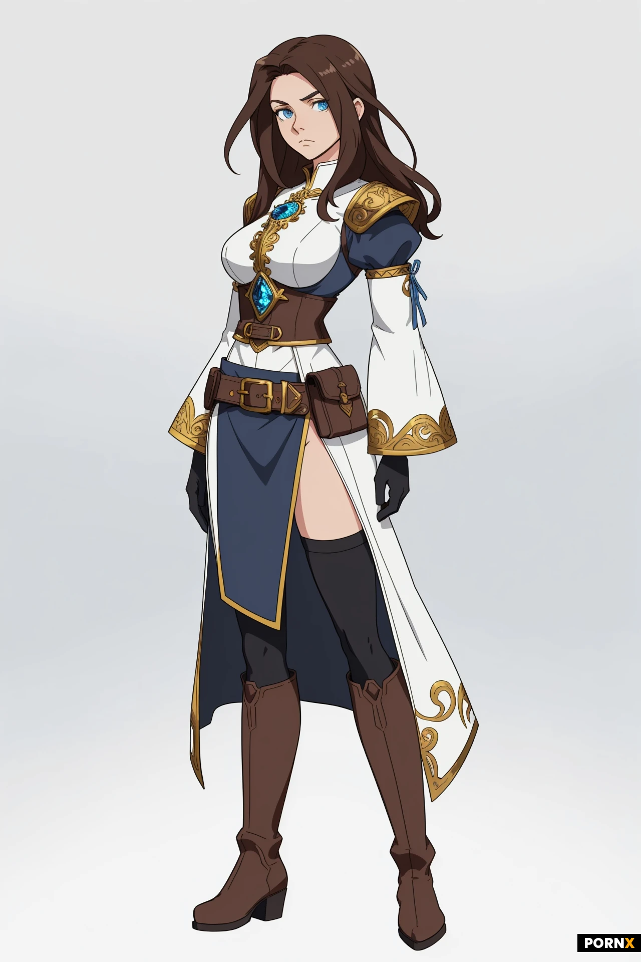 Full-body anime JRPG heroine character, adult female adventurer with a confident and elegant appearance, average adult proportions and height, long flowing dark-brown hair, vivid blue eyes, calm and determined expression, large blue-and-white ribbon with a gold and blue jewel ornament.
She wears a detailed fantasy knight-mage outfit in blue, white, black, brown, and gold: ornate fitted bodice, white ruffled sleeves, blue waist panels, decorative gold trim, brown utility belt with leather pouches, black gloves, layered skirt with long blue side panels, dark thigh-high stockings, and detailed white-and-blue fantasy boots with blue gemstone ornaments.
Front-facing idle standing pose, full body visible from head to boots, arms relaxed naturally at the sides, both feet planted evenly on the ground, symmetrical stance, clean silhouette, consistent proportions, polished anime game-art style, crisp linework, soft cel shading, detailed costume design, professional JRPG character concept art, isolated character, transparent background, no scenery, no props, no text.