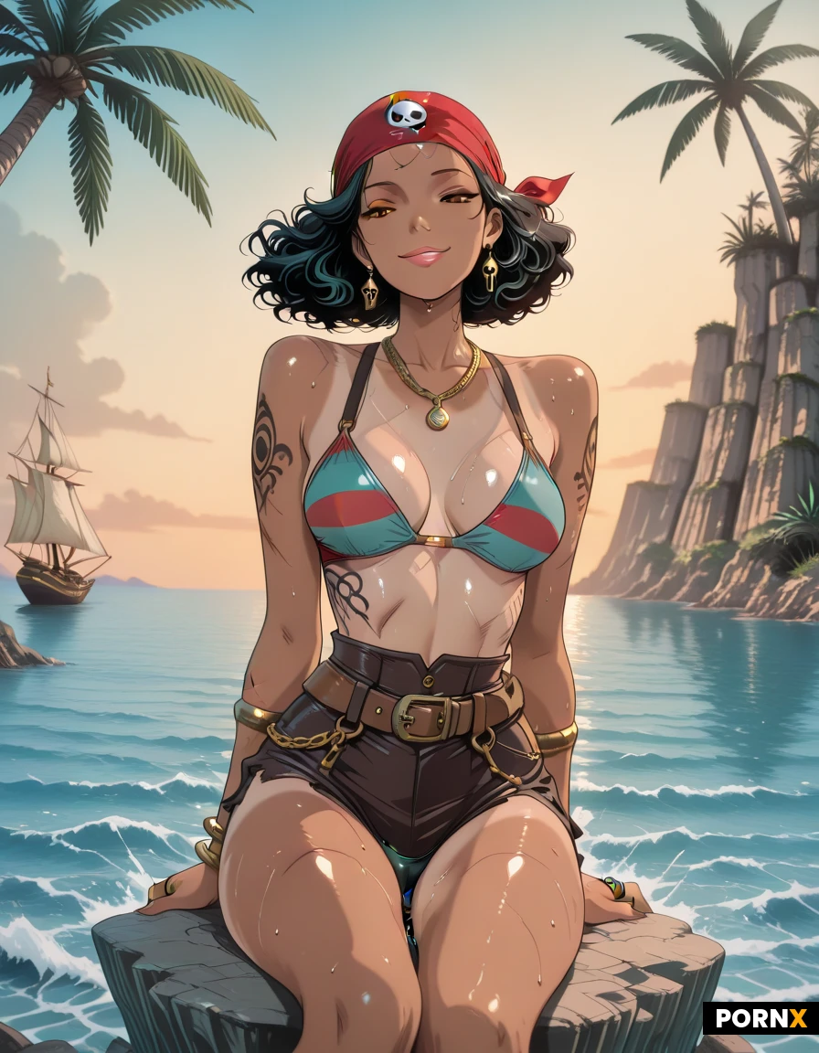 masterpiece, best quality, highres, absurdres, 1girl, adult, solo, skinny, seductive, looking at viewer, soft lighting, warm lighting, close up, shallow depth of field, perfect face, perfect body, perfect legs, outfit full of details, hot pirate, smile, pirate earrings, black curly hair, full lips, a lot of tattoo, medium breasts, red pirate striped outfit, a lot of scars, smutty, worn-out outfit, brown eyes, tanned, belt, compass, rings, sweaty, golden necklaces, bandana, golden bracelets, sitting under a palm tree, a breathtaking panoramic view of a hidden pirate bay, view from a high rocky cliff overlooking the entire cove. Crystal clear turquoise and emerald water, dramatic cliffs surrounding the bay, lush tropical vegetation, ancient pirate outposts, pirate ships and sailing vessels anchored in the calm water, bright summer daylight, deep blue ocean stretching to the horizon, cinematic composition, vibrant colors, highly detailed background, wide-angle shot, aerial perspective, wet pussy