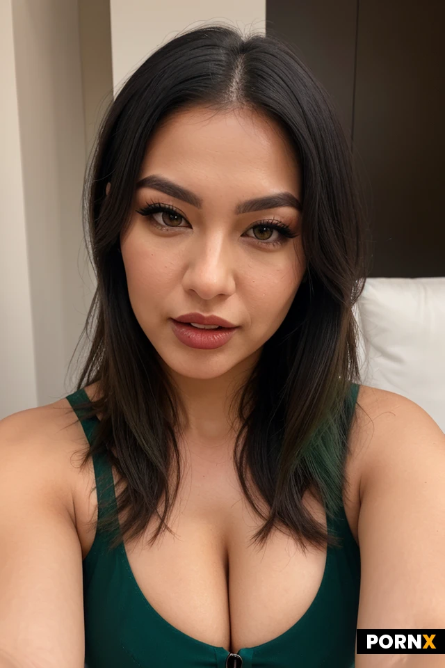 An ABG girl taking a selfie, a lot of cleavage and she’s staring intently into the viewer. No phone should be seen, as we are viewing from the phone’s perspective. Dark green hair, semi heavy makeup. She has a wide nose. Aheago. A thick tongue.