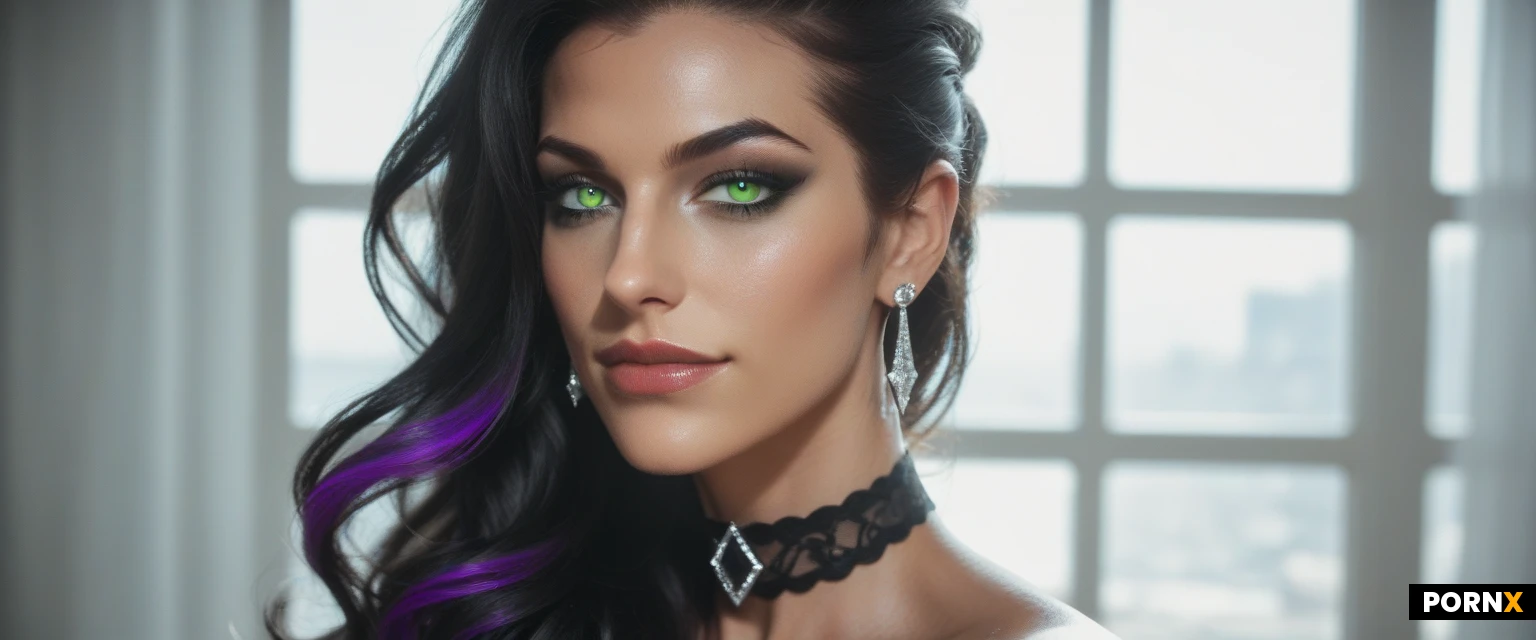 dynamic angle, masterpiece, best quality, highres, absurdres, 1 very seductive supermodel woman, long slender pointed nose, firm wide jaw, solo, elegant older woman, looking at viewer very seductively, dynamic angle, extreme close-up face, sexy body in the background, long flowing hair, black hair, purple highlights: 1.5, sidecut, ponytail, brilliant luminous green eyes, earrings, heavy black eyeshadow, heavy black mascara, heavy black eyeliner, dark tan skin, sly half smirk, seductive bedroom eyes, seductive face, choker, toned body, wet skin, high contrast, vibrant colors