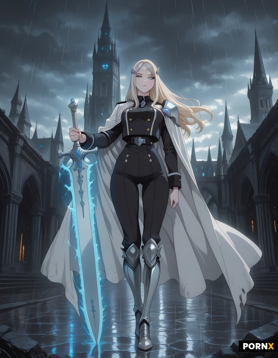 anime fantasy female swordswoman, 19 years old, long waist-length blond hair with subtle silver-blue highlights, pale skin, sharp elegant blue eyes, beautiful delicate face, confident expression, athletic slim build, graceful posture, black academy uniform, fitted dark military-style jacket, white cloak draped over one shoulder, silver armor accents, ornate silver hair ornament, blues noble details, sword belt, elegant long silver longsword with faint blue glow, standing confidently in a prestigious gothic fantasy academy courtyard, dark stone architecture, massive towers, rain-soaked ground, dramatic cloudy sky, wind blowing her white hair and cloak, one hand resting on her sword, calm and intimidating presence, cinematic composition, detailed anime illustration, high detail, beautiful lighting, dramatic rim light, fantasy atmosphere, full body, masterpiece, sharp focus