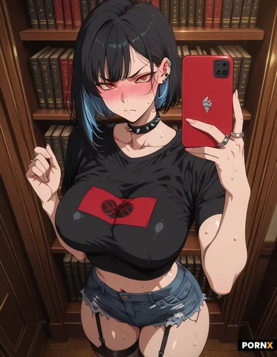 Anime-style selfie of a 24 year old woman with long messy black hair and bright blue streaks