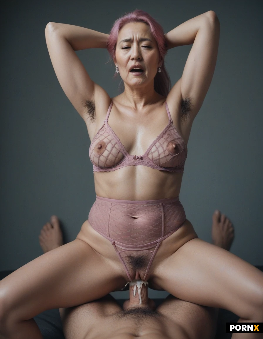 beautiful woman, purple-pink hair in a high ponytail, slender body, small perky breasts, fair skin, Reverse riding big cock, armpit hair, wrinkled and old face, mesh lingerie, two hands behind head, legs wide spread, cum and squirt, old body aged korean milf, asian, orgasm face