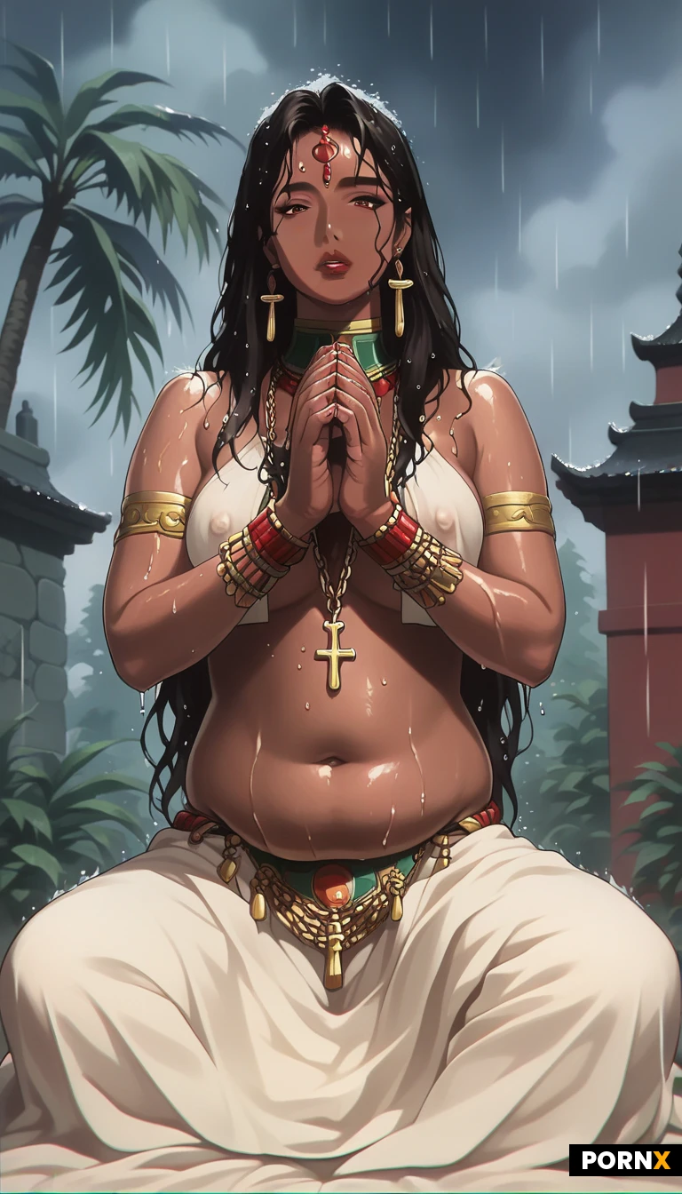 high definition, super realistic, dark Indian woman, 30s, dark skin, pretty face, chubby body, small breast, look at viewer, makeup, eyeline, red lip, (red bindi on the forehead:1.2), maang tikka jewelery, hindu hair jewelery, jewelry golden necklace, long earring, multi golden ring bracelet, arm bracelet, nipple jewelry, hindu costume, more jewelry on her lower body, jewelry chain belt, thigh chain, squat position, sit on a man's dark long cock, penis is in pussy, vaginal penetration, sweaty body, (her two hands making praying gesture, put palms together:1.5) ,background, hindu temple, stone carving, stone statute, (raining day, heavy rain, very wet hair and body:1.5), detailed rain drops on the scene, detailed face, detailed eye, real rain effect on body, low angle