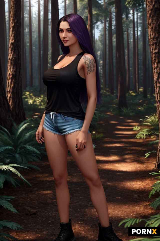 Woman, One, 30 Years old, Black, Skinny, Dark skin, Piercing, Large breasts, Busty thighs, Happy face, Multicolor hair, Long hair, Straight hair, Purple eye color, Cotton shorts, Sleeveless t-shirt, Full body, Seductive pose, Standing, Forest, Unreal Engine