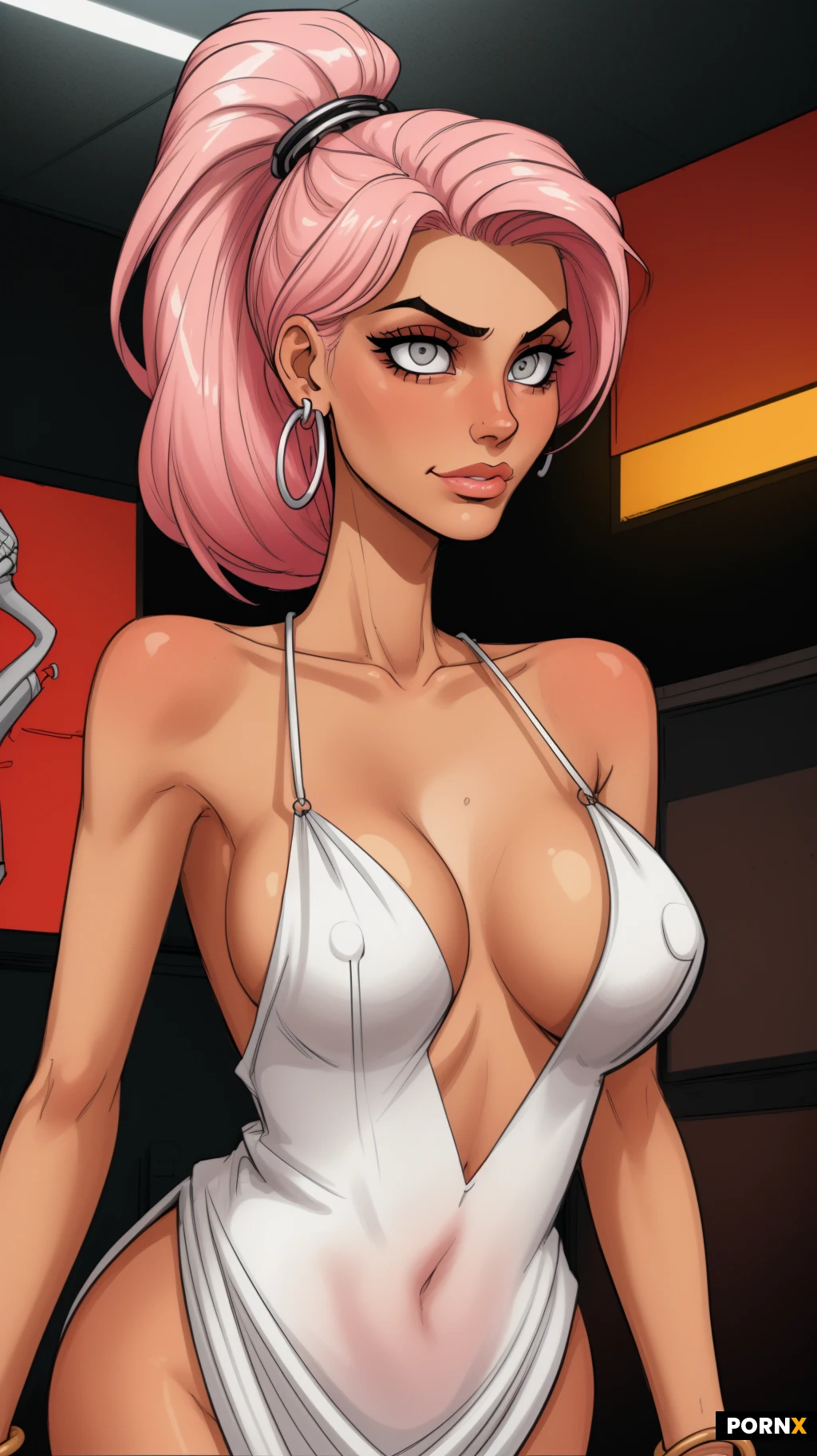 solo, 30 years old woman, closeup portrait, bust shot, seductive pose, horny face expression, excited eyes, mouth slightly open, caucassian, silver large hoops earings, wearing silver jewlery like rings small chains arm rings and bracelets, tanned skintone, wearing a futuristic luxurious and slutty high-fashion white gown, featuring a dramatic and extreme deep V-neckline that opens down to the navel, exposing massive cleavage and smooth skin, visible side and underboob, medium pink blue dyed hair in a ponytail, grey eyes, beautiful face, high cheekbones, small nose, big bimbo lips, slender build, (huge perky bimbo tits:1.3), (firm upswooping tits:1.3), (round tits shape:1.1),, extremely narrow waist, futuristic appartement, cyberpunk decor aesthetic, colorful neon lights, diverse sex toys on the shelves
