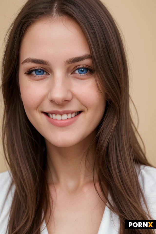 masterpiece, best quality, highres, absurdres, 1girl, solo, hungarian, adult, long_hair, brown_hair, blue_eyes, cute_face, smiling, blushing, looking_at_viewer, detailed_face, perfect_symmetry, soft_light, studio_background, high_detail, 8k, intricate_details