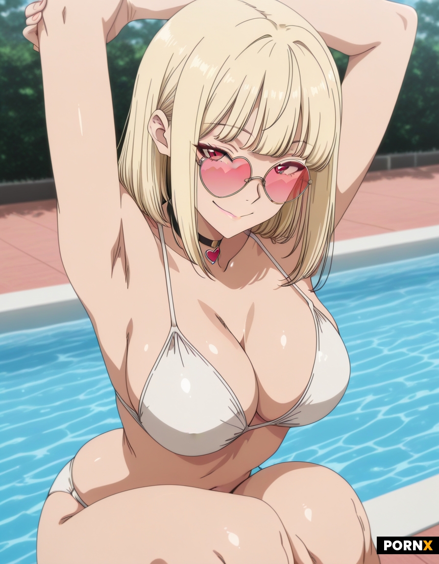 Blonde sugar in white bikini pool side medium length choppy straight scene hair big smile heart glas