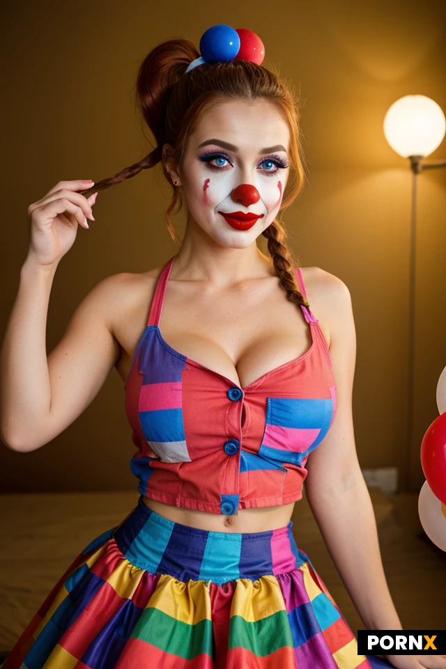 ponytail hair .clown.makeup.red nose of clowns.busty.Colorful button-down shirt with the neckline open .skirt.