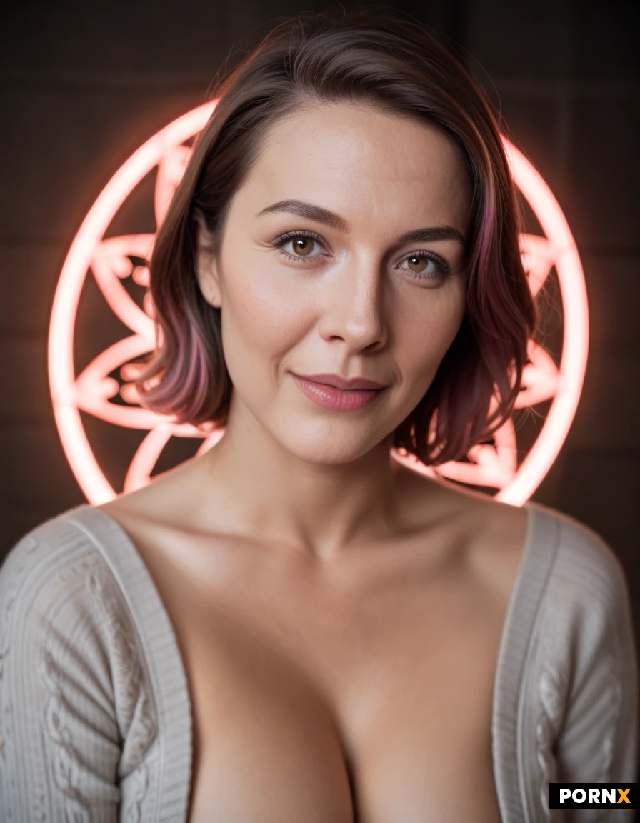 Photorealism. Cinematic lighting. Dynamic angle. Dark mansion. Black room. Glowing magical circle. 48 year old beautiful brunette milf. Short bobcut brown hair. Pretty cute face. Deep brown eyes. Small nose. Narrow jaw. Thick. Small perky breasts. Grey sweater. Blue jeans. Milf magically transforms into an 18 year old woman. Long straight pink hair. Pink bangs. Pretty cute face. Pink freckles. Big blue eyes. Small nose. Round jaw. Skinny fit. Medium perky breasts. Naked.