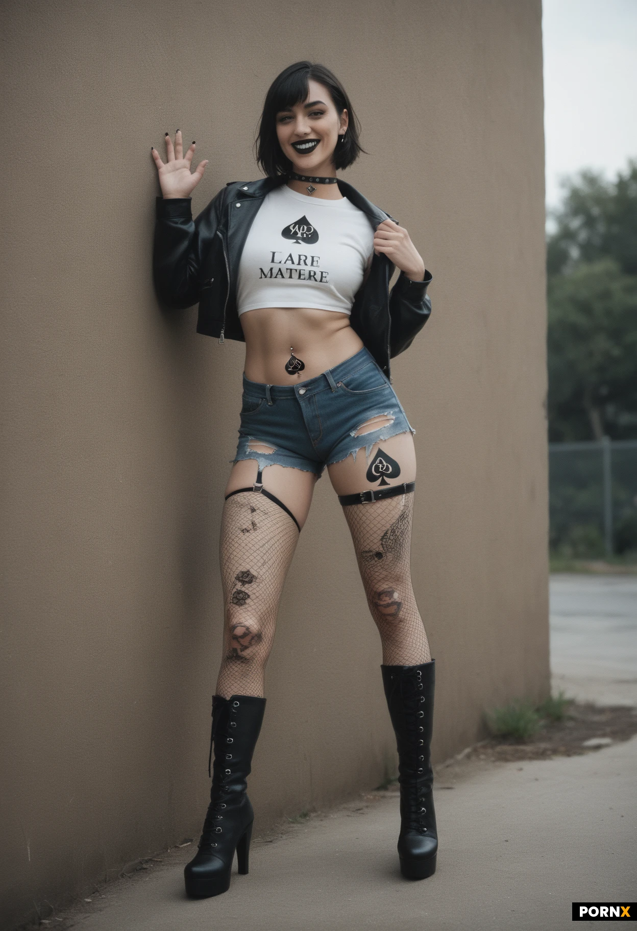 masterpiece, best quality, highres, absurdres, 1girl, 21_years_old, (younger_looking), short_height, pale_skin, black_hair, hair_with_bangs, neck_length_hair, blue_eyes, (black_eyeliner), nose_septum_piercing, (black_lipstick), smiling, teasing_expression, sticking_out_her_tongue, black_choker, slim_body, medium_sized_bust, black_leather_jacket, white_cropped_tshirt, belly_button_piercing, (queen_of_spades_tattoo_on_her_stomach), black_nail_polish, ripped_denim_shorts, exposed_black_panty_straps, ripped_fishnet_tights, black_heeled_boots, leaning_against_wall, outdoors