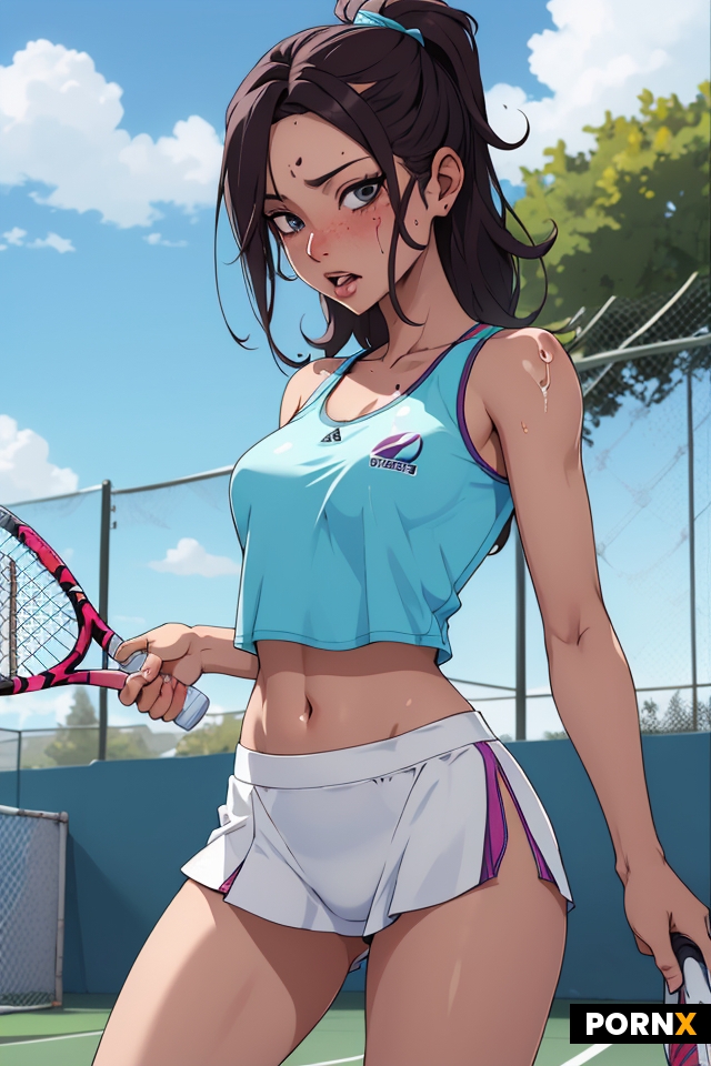 Mujer en ropa deportiva de tenis semi transparente por el sudor