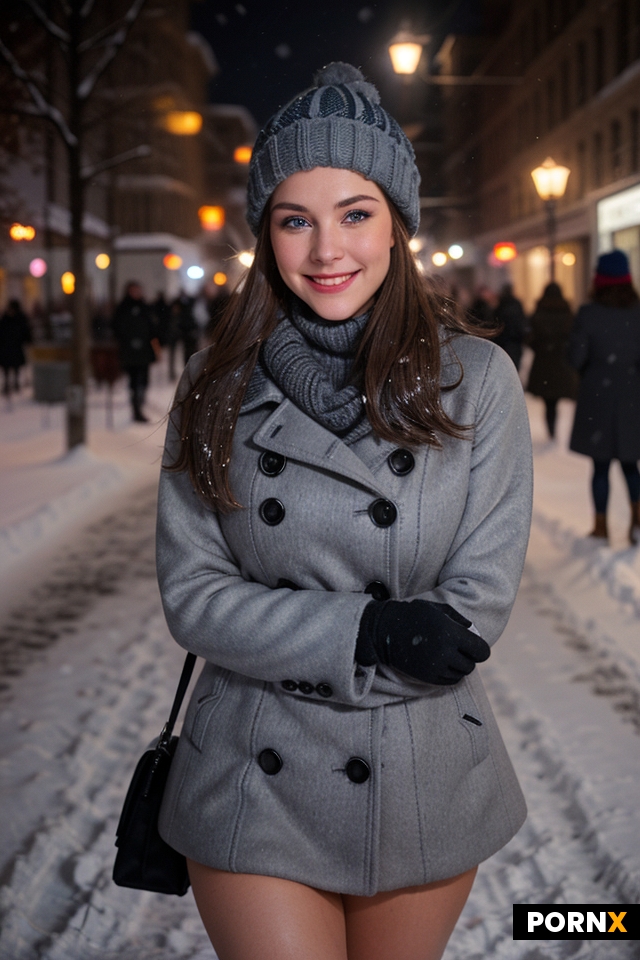 An woman walking toward the camera on a snowy night street