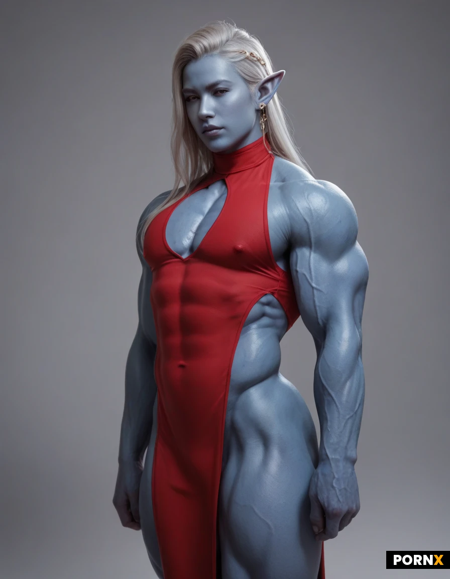 Goddess buff. Asian androgynous. Large muscle. Enhanced steroid veins effects. Elf ears. Blue skin. Hardcore bodybuilder buff & muscle. Lats. Large shoulders. Quadriceps. Bulk veins