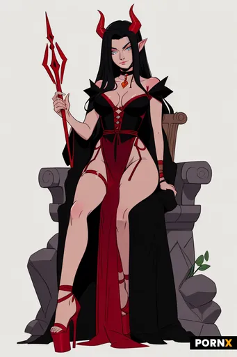 A demon or devil queen seated on a carved stone throne