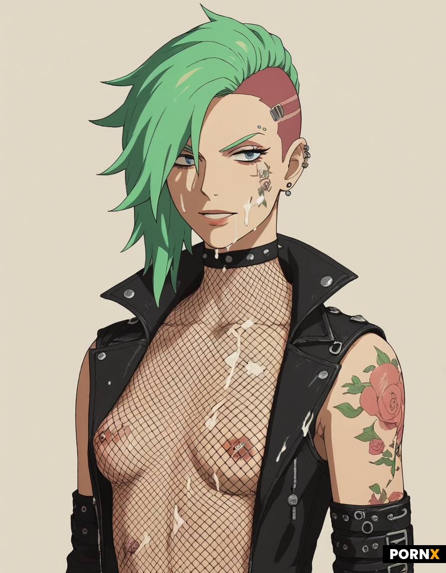 Green-haired 18-year-old punk with an undercut and small breasts shows her sweet