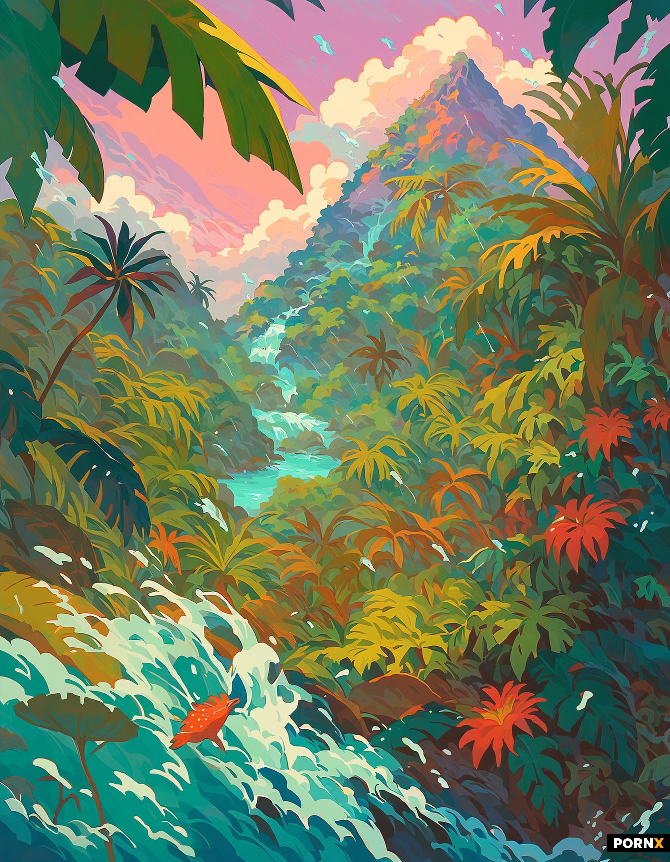 Rain falling on a tropical volcanic island