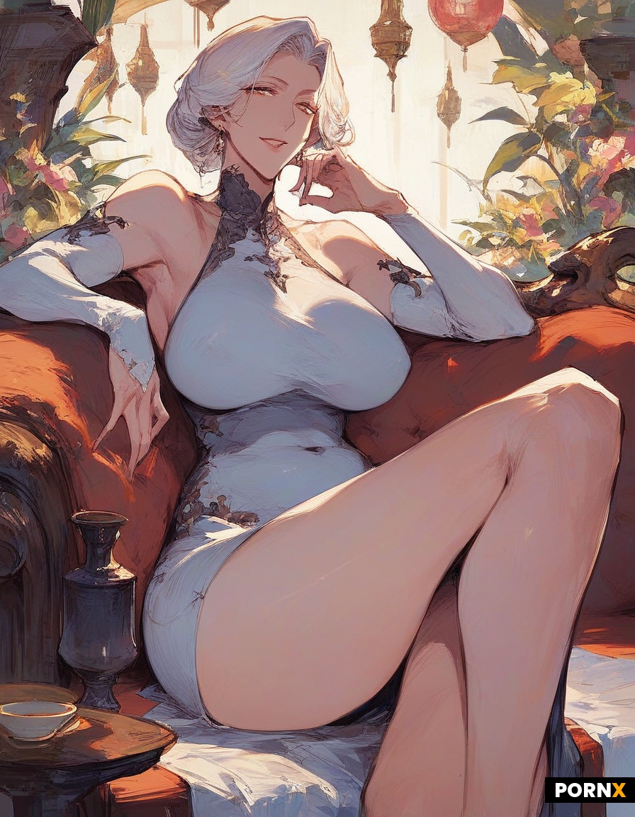 average chinese milf sitting on a sofa in a zen garden